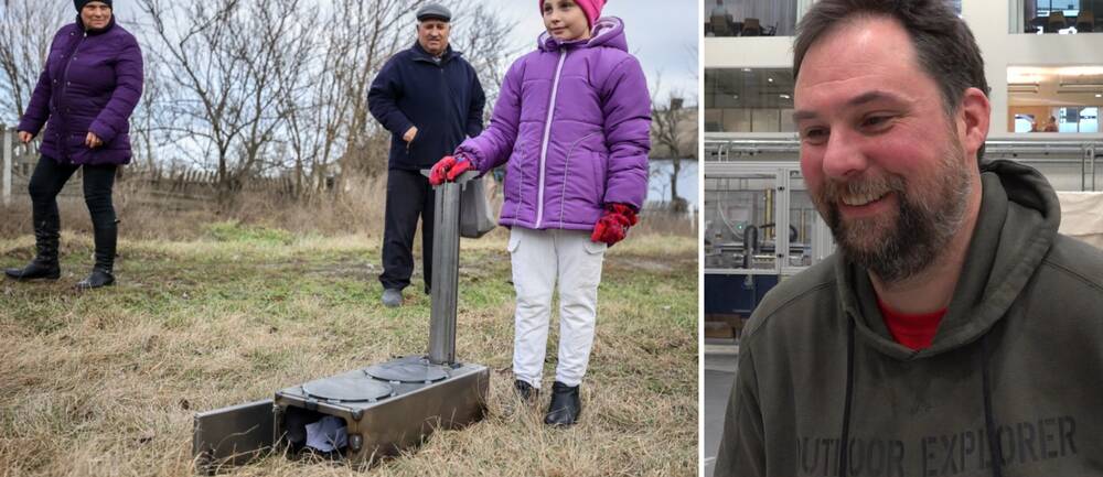Två delad bild på en ukrainsk flicka med lila jacka som håller på en Svetsad kamin, och en bild på Björn Särnerblom, en man med skägg och yvigt hår.