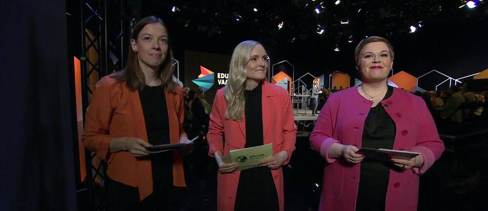 Vasemmistoliiton Li Andersson, vihreiden Maria Ohisalo ja keskustan Annika Saarikko Ylen vaalitentissä 23. maaliskuuta 2023.