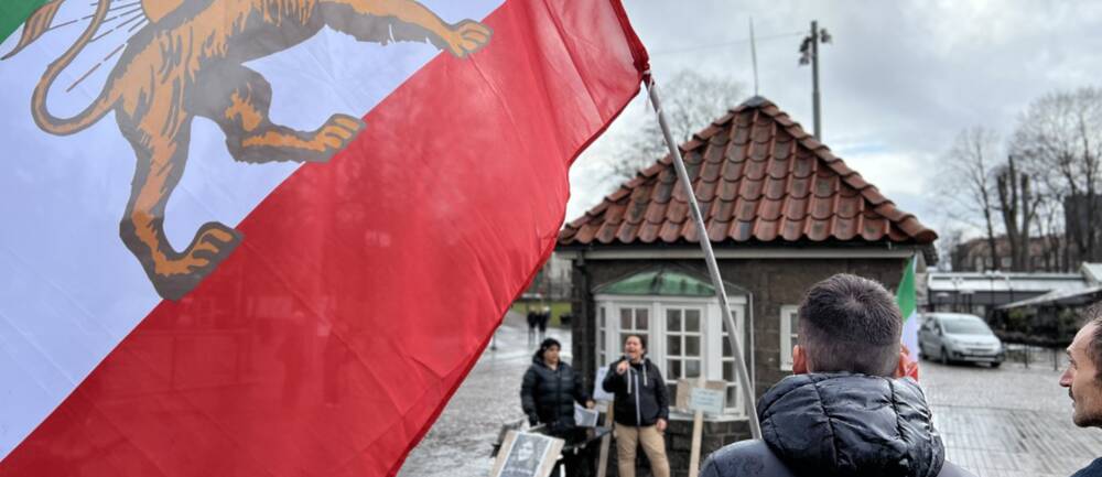 En stor flagga från Iran täcker vänstra sidan av bilden samtidigt som man ser en rygg på en ung kille som håller i flaggan och kollar framåt.