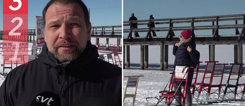 sparkar vid sjön Siljan i Rättvik, man som håller på att förklara något, och kvinna som gör sig redo för att använda en spark