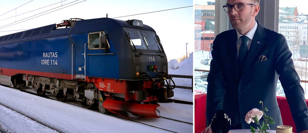 Till vänster ett tåg på malmbanan. Till höger infrastrukturminister Andreas Carlson (KD) under fredagens pressträff.