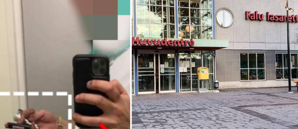 Klädd i sjukhusmundering håller kirurgen en pipa och tändare i handen. Till höger huvudentrén till Falu lasarett