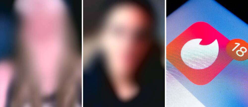 Tredelad bild, två anonymiserade bilder på kvinnor och en genrebild på Tinderloggan på en skärm. Kvinnorna säger att de blivit lockade av misstänkte storbedragaren i Blekinge att investera pengar.