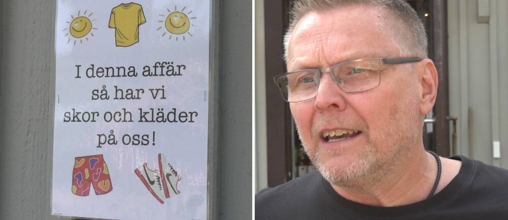 Till vänster: Skylt med orden ”I denna affär så har vi skor och kläder på oss”. Till höger: Butiksägaren Pär Renevall.
