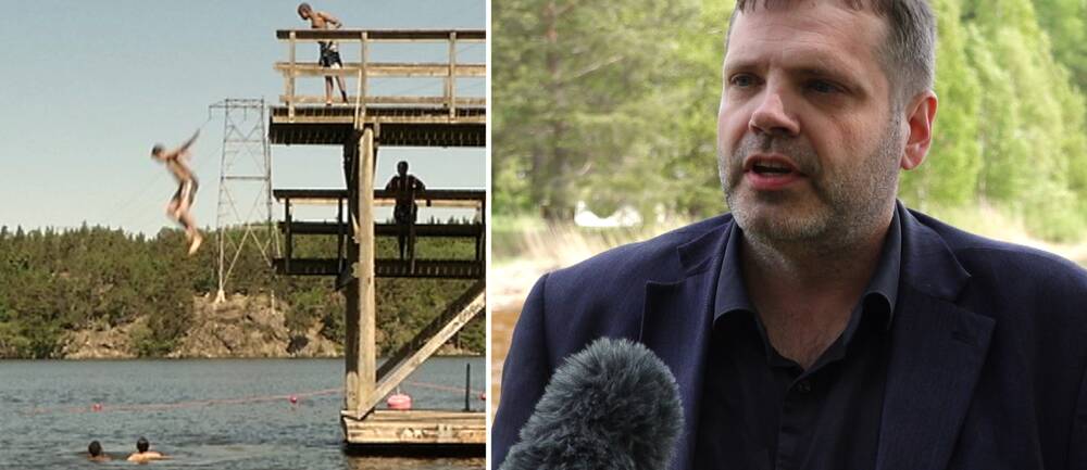 En split-bild på barn som hoppar från en brygga och en rektor som blir intervjuad.