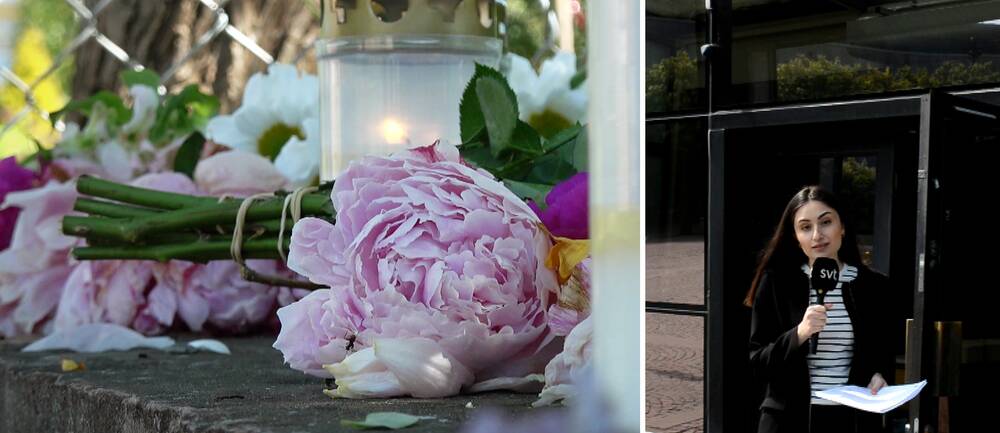 närbild på blommor och gravljus som hedrar förskolebarnet som drunknat, samt en bild på ung kvinnlig reporter med mikrofon utanför tingsrätten
