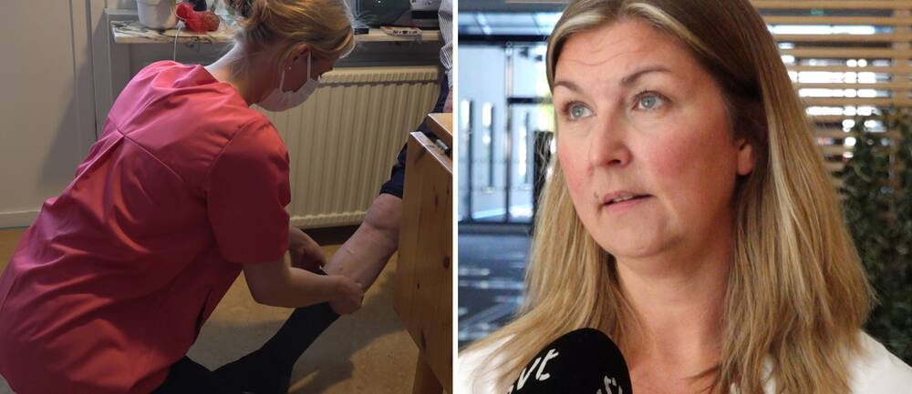 En tvådelad bild. Till vänster en person som hjälper en äldre människa att ta på en strumpa, till höger en porträttbild på Sahra Strandberg.