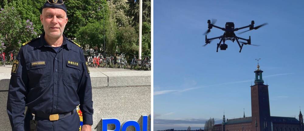 Stefan Singman, chef för Polisens sektion för kamerabevakning, till vänster, iklädd polisuniform och en bild på en drönare, till höger, som flyger i luften framför Stockholms stadshus.
