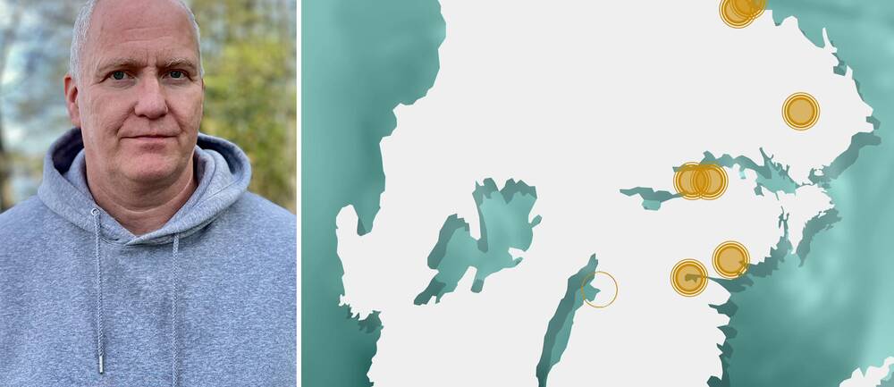 Delad bild, på narkotikapolisen Lennart Karlsson och på en karta som visar orter där drogen kristall fått fäste.