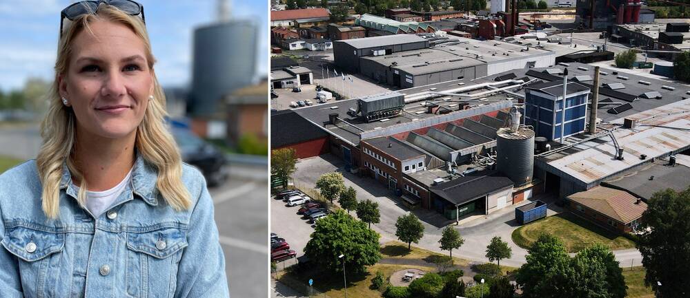 Porträttbild på Caroline Weiland. Drönarbild ovanför fabriken Elitfönster i Vetlanda.