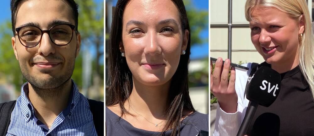 Porträttbild på tre unga personer som svarar på frågor om telefonskräck vid MDU i Västerås.