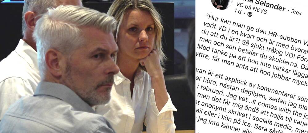 Tre personer med ljuda skjortor till vänster, varav en är Nina Selander, vd för Nevs. Till höger ett inlägg med text på sociala medier.