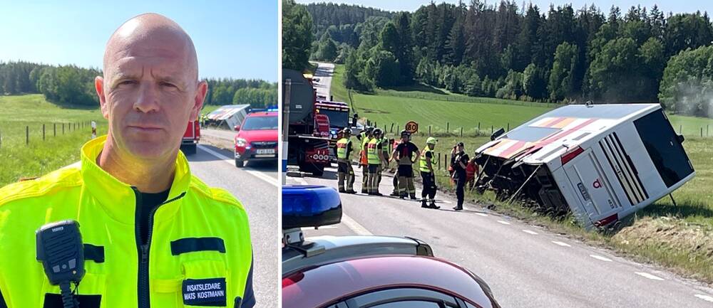 En person. Trafikolycka, buss ligger vält, väg, räddningspersonal