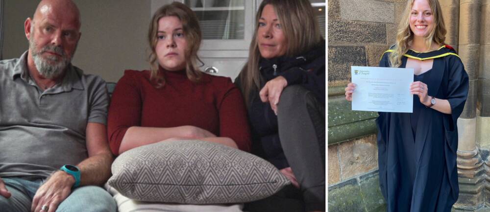 Till vänster familjen i soffan, till höger en bild på 25 åriga Lovisa Arnesson-Cronhamre.