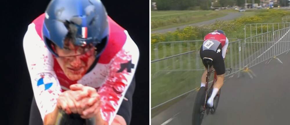 Toppcyklisten Stefan Küng var med i medaljkampen när han kraschade in i en barriär vid tempoloppet i EM i nederländska Emmen under gårdagen. Trots svåra skador tog han sig upp och cyklade in som elva.