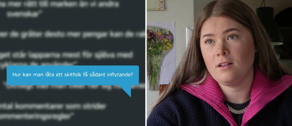 Till vänster: Bild på en pratbubbla med texten ”Hur kan man låta skitfolk få sådant inflytande”. Till höger: Renskötaren Tanja, ung kvinna fotograferad i sitt hem när hon kommenterar hatet mot samer.