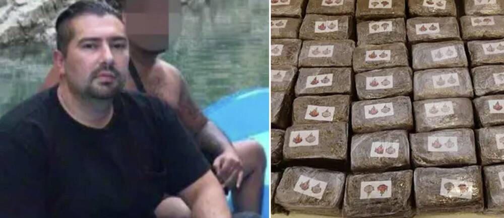 En bild på en man som sitter i en båt och polisens beslag av narkotika.