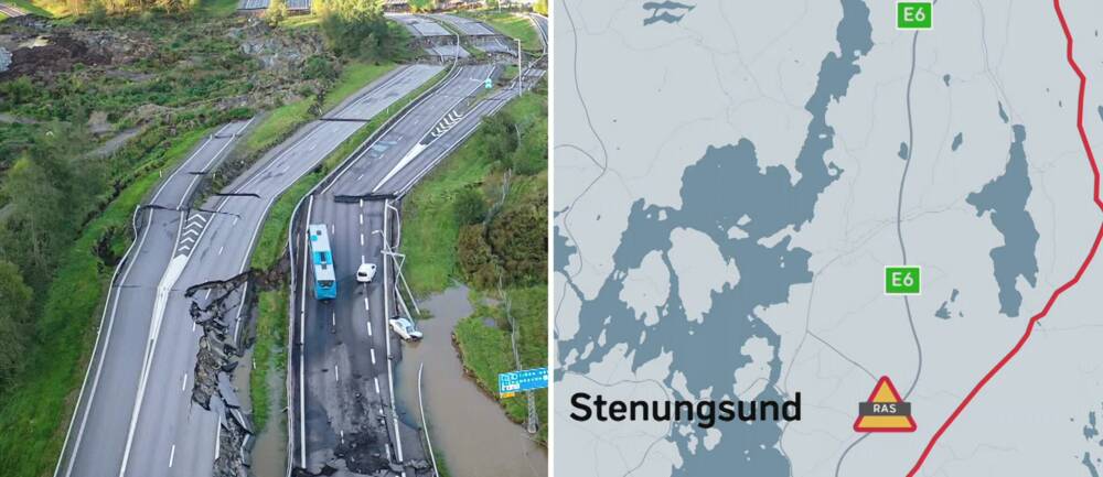 Till vänster en drönarbild på krossade E6 motorvägen. Till höger en kartgrafik som visar den omdragna vägen.