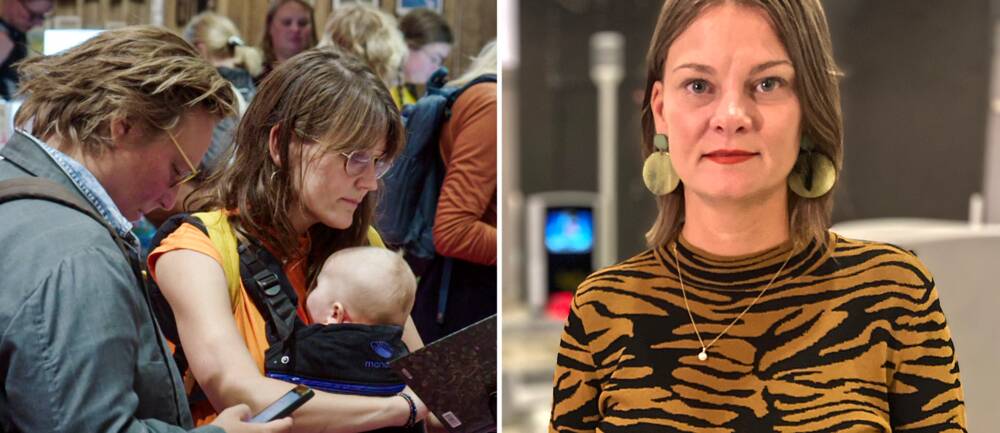 Till höger besökare på bokmässan, till vänster mässansvarig Frida Edman