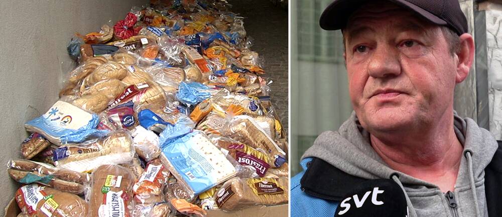 Hög med bröd. Till höger, en medelåldersman i keps (55-årige Enes).