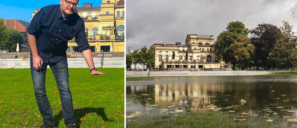 Klimatsamordnaren Mattias Alfredsson står på den nya gräsmattan i Teaterparken i Landskrona.