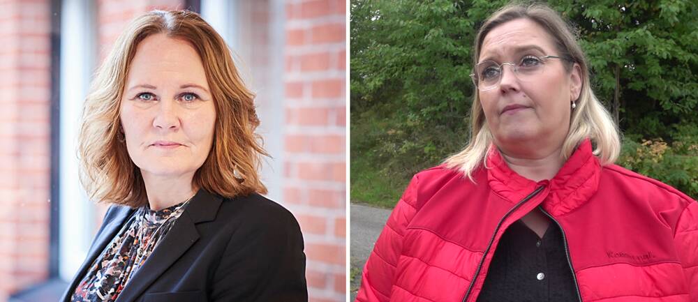 Habos socialchef Pernilla Ekberg med svart kavaj och en svartpricking blus under, samt Kommunals Anki Fodor med en röddunjacka.