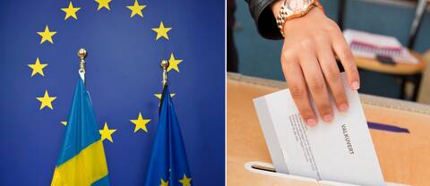 Bild på Sveriges och EU:s flagga och bild på hand som stoppar valkuvert i låda.