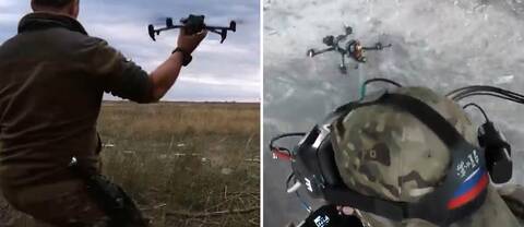 En soldat som håller en drönare och till höger en annan soldat som har speciella glasögon på sig och flyger en drönare.
