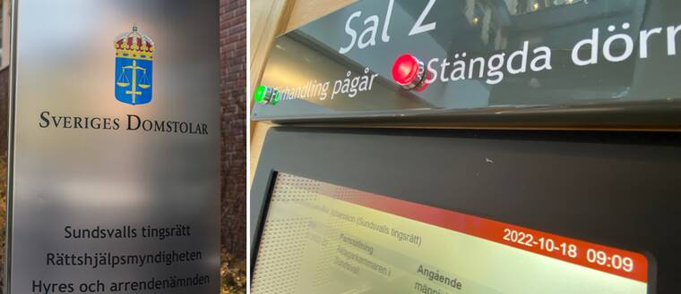 Montage: Till vänster en bild på displayen utanför salen i Sundsvalls tingsrätt, personens namn är blurrat. Till höger en bild på en skylt utanför tingsrätten på Sveriges domstolar.