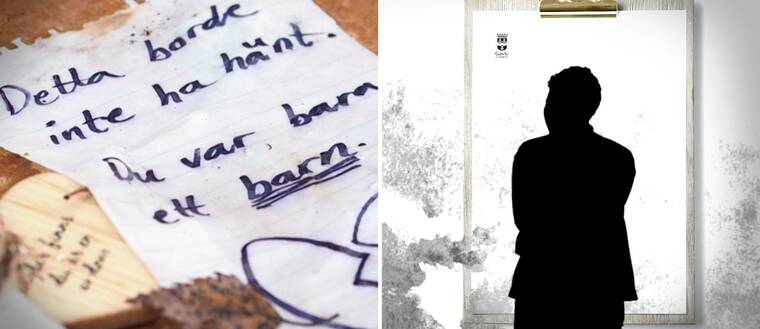 Till vänster syns en bild på en sida ur ett skrivblock där någon skrivit ”detta borde inte hänt. Du var bara ett barn” och en illustration av ett brustet hjärta. Till höger syns en silhuett av en pojke. Bilden illustrerar att flera barn i Gästrikland har dött i samband med skjutningar och gängkriminalitet.