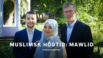 I programmet om den muslimska högtiden Mawlid medverkar fr v Anas Deneche, Ghania Omri och Johannes Söderberg, SVT. - Muslimsk högtid: Mawlid