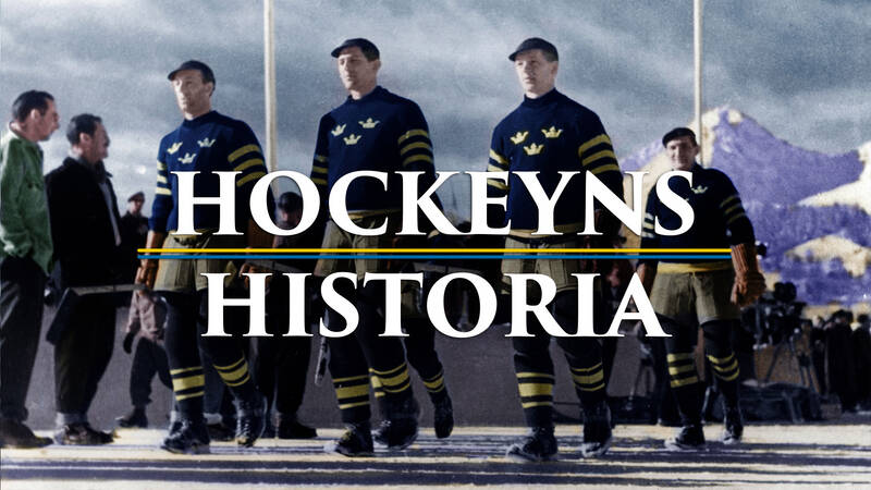 De svenska ishockeyspelarna tågar in på Isstadion i Sankt Moritz under öppningsceremonien vid de olympiska vinterspelen 1948. - Hockeyns historia
