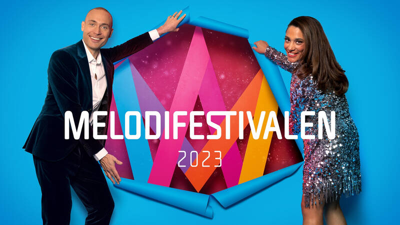 Farah Abadi och Jesper Rönndahl,  programledare för Melodifestivalen 2023.