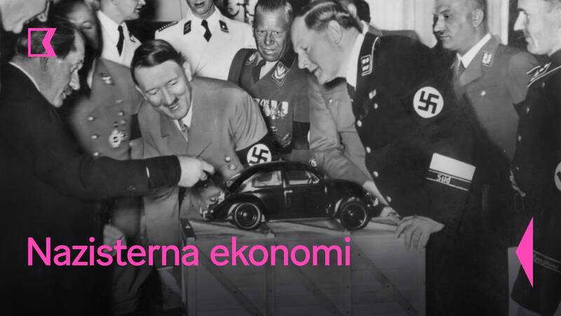 Ferdinand Porsche (längst till vänster) presenterar Adolf Hitler med en modell av Volkswagen. - Nazisternas ekonomi
