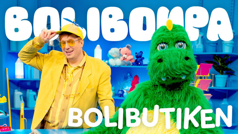 Herr Snurrkeps (Markus Granseth) och Bolibompadraken i Bolibutiken. - Bolibompa: Bolibutiken