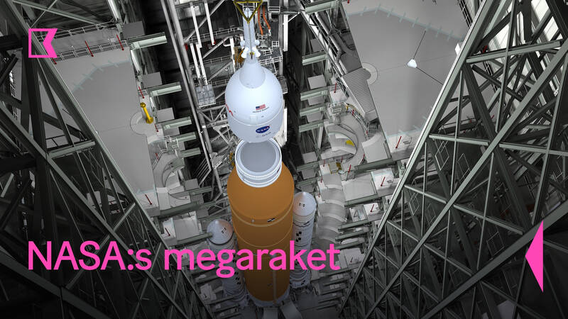 Koncept av SLS-rymdfarkosten som byggs ihop i fordonsbyggnaden vid Kennedy Space Center. - NASA:s megaraket