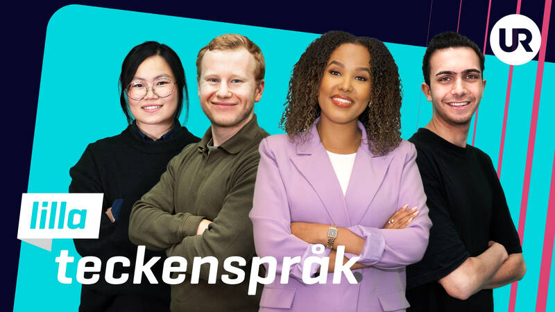 Programledarna Momo Marqvardsen, Anton Lindberg Nyberg, Adiam Habtegergish Afewerki och Akad Polus i Lilla Aktuellt teckenspråk (2024).