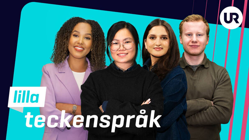 Programledarna Momo Marqvardsen, Jessica Madan, Anton Lindberg Nyberg och Adiam Habtegergish Afewerki i Lilla Aktuellt teckenspråk.