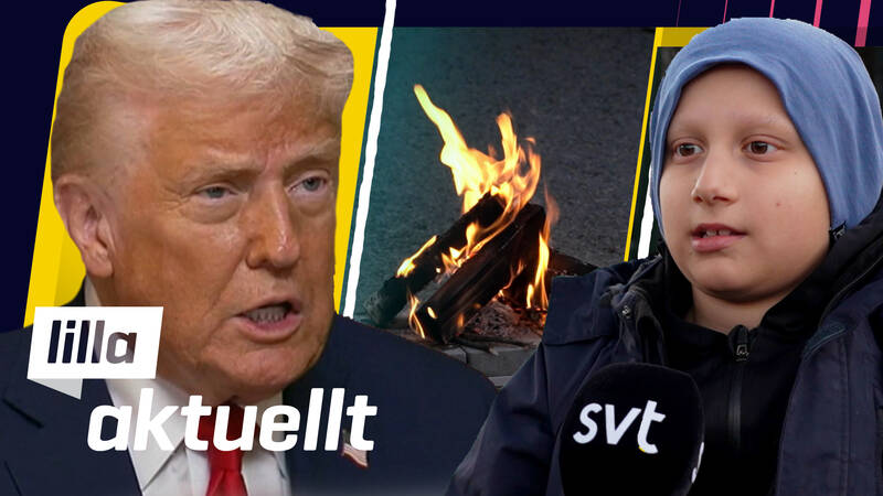 En man med en kostym och en kvinna med en huvudduk, samt en brasa. Affischbild för Lilla Aktuellt & Lilla Aktuellt skola.