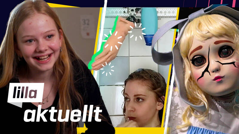 En kvinna sittande till vänster och bilder av händer och personer till höger. Affischbild för Lilla Aktuellt & Lilla Aktuellt skola.