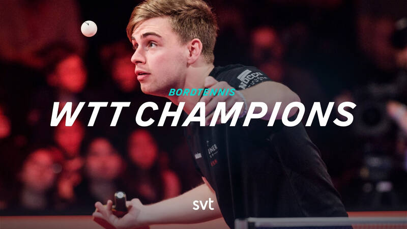 Truls Möregardh servar, med åskådare i bakgrunden. - Bordtennis: WTT Champions