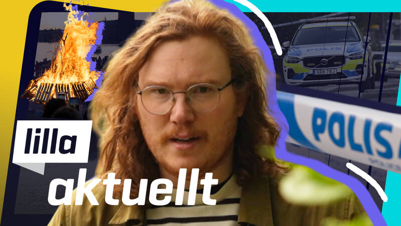 En person med lockigt hår står framför en färgglad bakgrund med bilder av polis och en valborgseld. Affischbild för Lilla Aktuellt & Lilla Aktuellt skola.