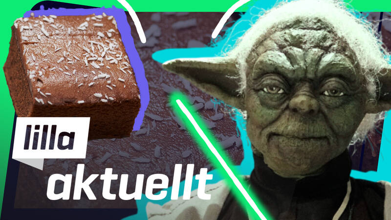 En ljusgrön bakgrund med en ljusgrön ljussabel, en chokladbit och en karaktär i mörk dräkt. Affischbild för Lilla Aktuellt & Lilla Aktuellt skola. Kent Skibstad, TT / AP, TT