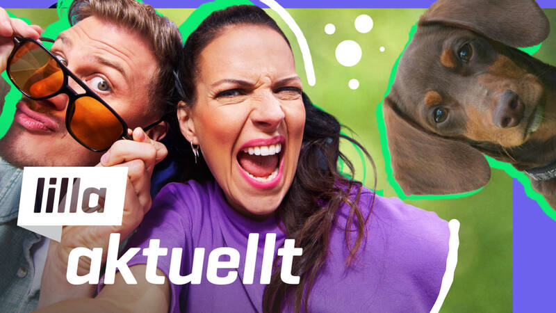 Två personer ler mot kameran och en hund av rasen tax syns i hörnet. Affischbild för Lilla Aktuellt & Lilla Aktuellt skola.