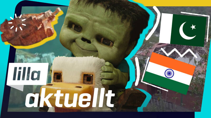 En liten grön karaktär håller i en mjuk leksak, omgiven av flaggor och bilder. Affischbild för Lilla Aktuellt & Lilla Aktuellt skola.