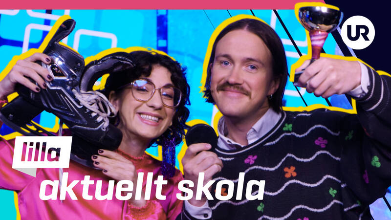 En kvinna håller upp skridskor och en man håller en klocka. Affischbild för Lilla Aktuellt & Lilla Aktuellt skola.