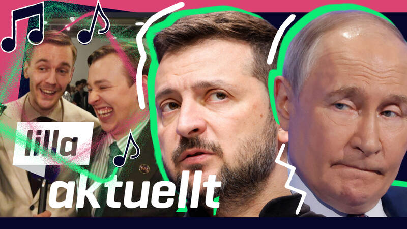 Tre män i olika poser, med en text som delvis är synlig. Affischbild för Lilla Aktuellt & Lilla Aktuellt skola.