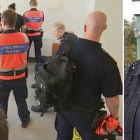 Delad bild. Till vänster står en grupp personer klädda i polisuniformer. Några bär väst med texten utbildning polisen på ryggen. Till höger en bild på en kortklippt kvinna med mönstrad tröja och jeansjacka.