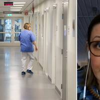 Delad bild. Till vänster en vårdpersonal som går i en sjukhuskorridor. Till höger en kvinna i glasögon och en hörlur i ena örat.