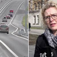 Två bilder. Den ena är bilar på en väg, den andra är en kvinna i lockigt hår och glasögon.